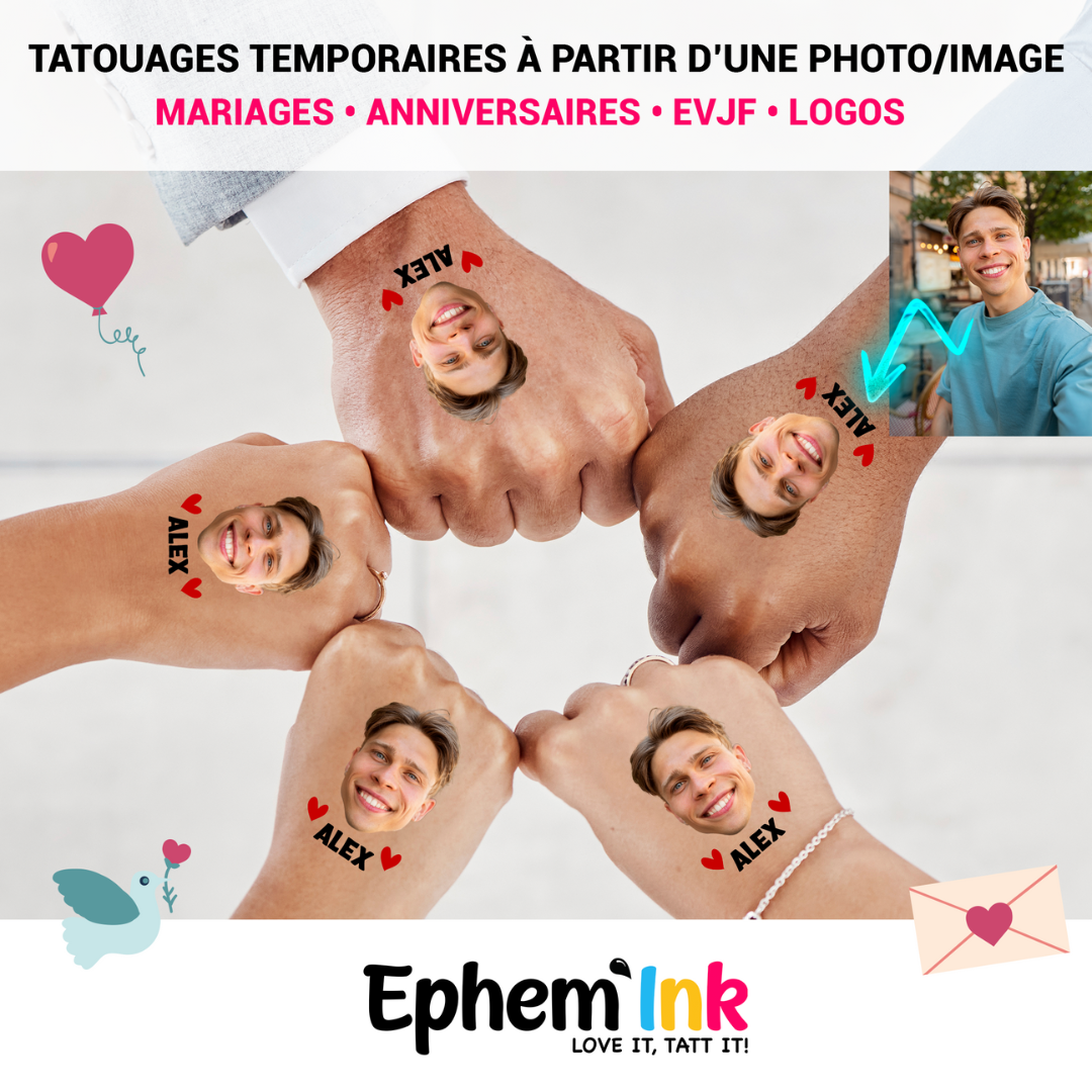 Tatouage Temporaire Personnalisé - Cadeaux de Fête Anniversaires et Jeux EVJF ou Mariage