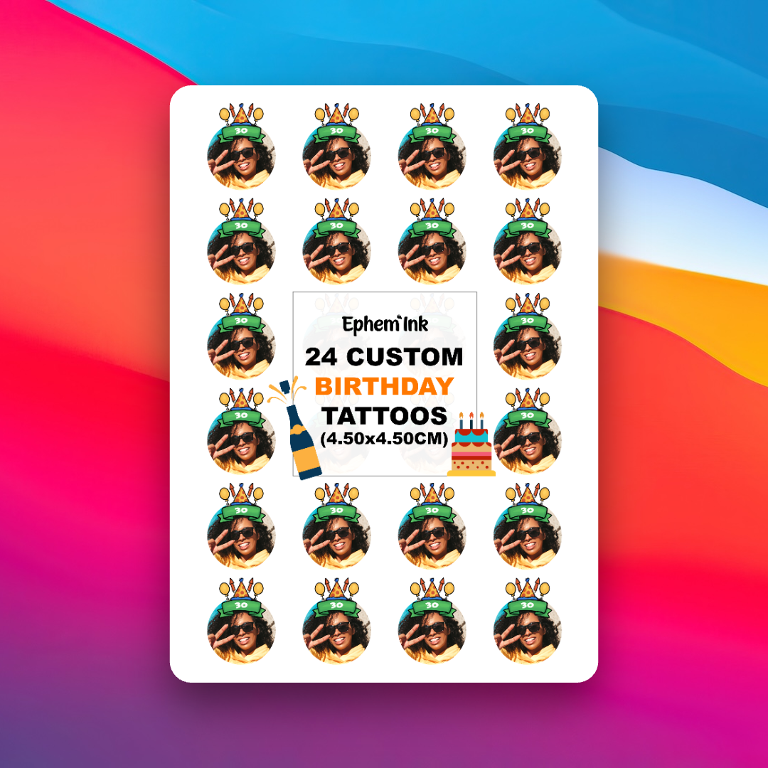 Personalized Birthday Themed Temporary Tattoos (Pack of 24)