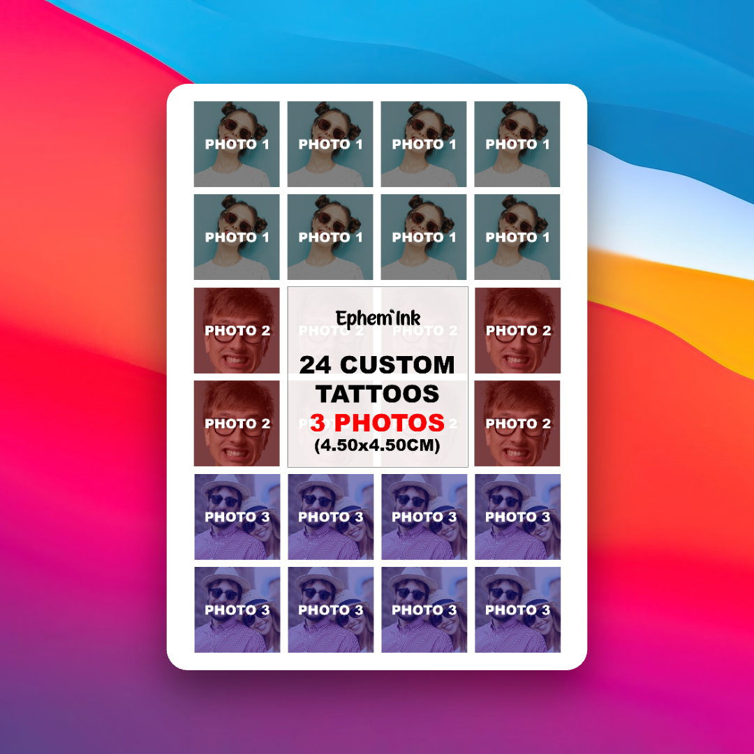Custom Temporary Tattoos from 3 Photos (Pack of 24)