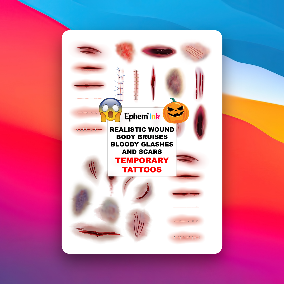 33 Pack Temporary Tattoos - Realistic Wounds and Scars for Halloween