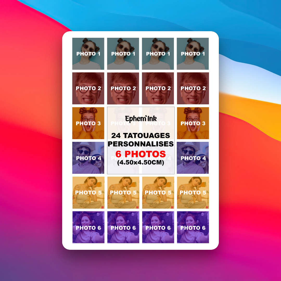 Tatouages Éphémères Personnalisés à Partir de 6 Photos (Lot de 24)